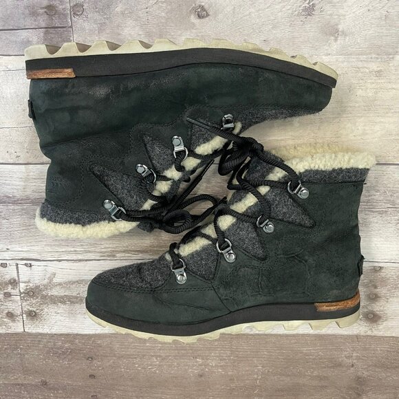 Sorel Sneakchic Alpine Wedge Ankle Boots Bootie Wool Leather Black Size … - Picture 11 of 13